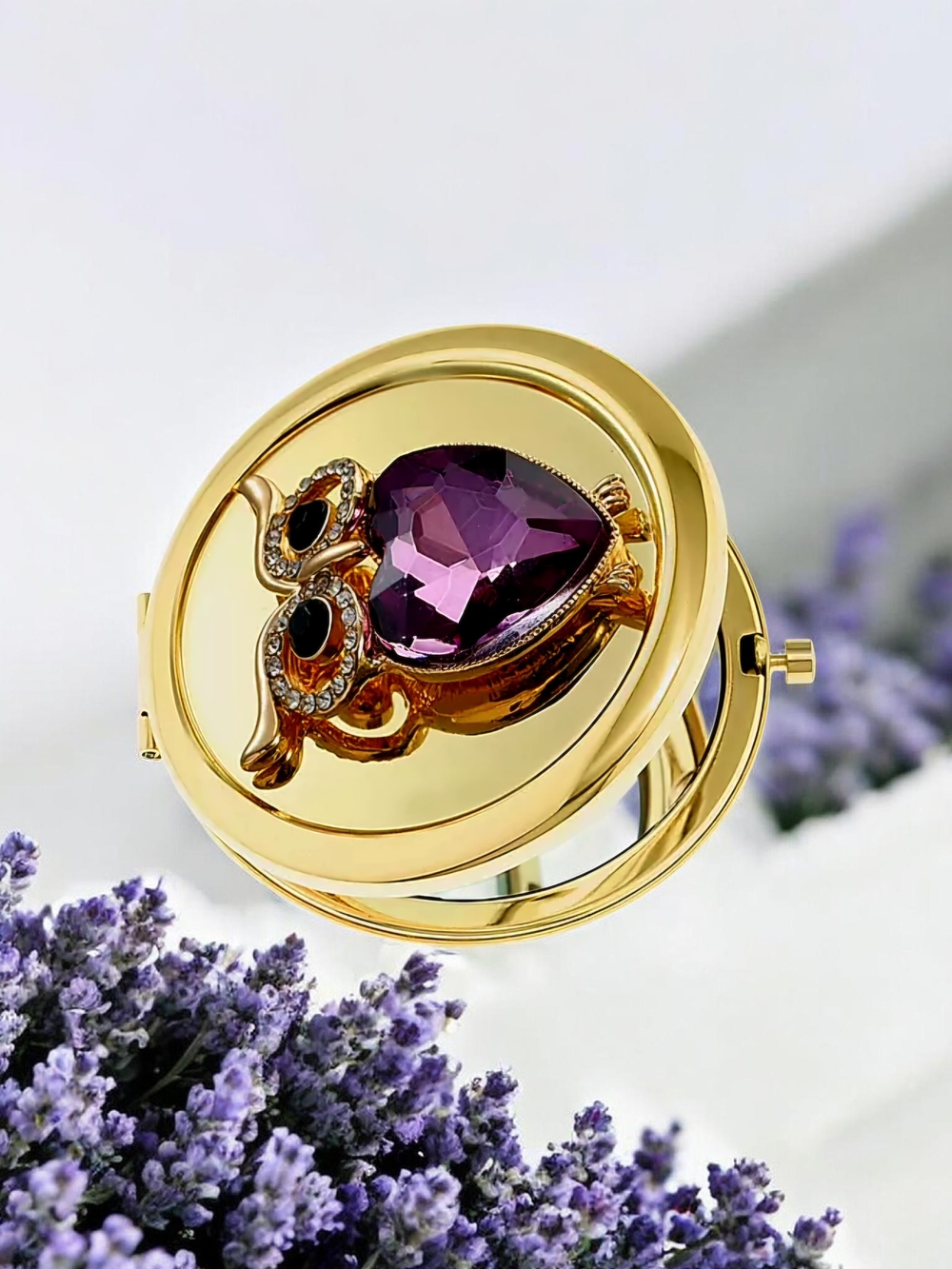 NEW Monet Jewelry Gold Tone Owl Snap Compact Mirror with Box 2.75" New with tags - Picture 4 of 6